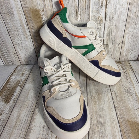 Lacoste Shoes - Lacoste Womens L002 Leather and Mesh Platform Sneakers White Green Orange Size 7